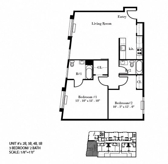 Floor plan for 2 beds, 2 baths, 1052 sqft